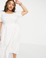 Thumbnail for your product : Vero Moda Curve organic cotton embroidered midi smock dress in white