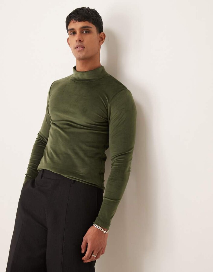 ASOS DESIGN muscle fit long sleeve t-shirt with high neck in khaki - Main Image