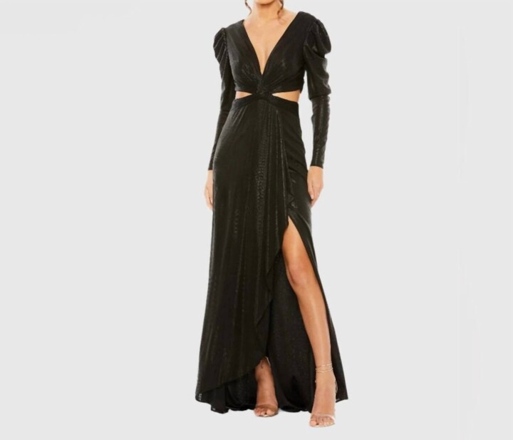 Leena for Mac Duggal Princess Sleeve Cut Out Metallic Gown In Black
