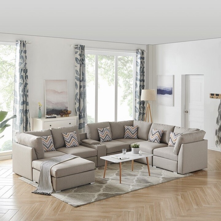 Overstock Amira Beige Fabric Modular Sectional Sofa with USB Console