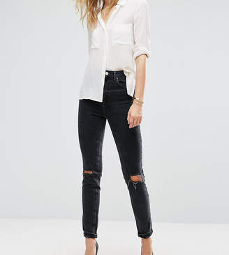 ASOS Tall DESIGN Tall Farleigh high waisted slim mom jeans in washed black with busted knees