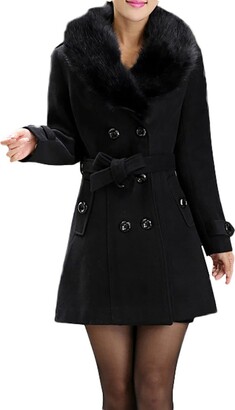 Scbfdi Womens Coats Faux Fur Collar Casual Lapel Fake Wool Coat Trench Jacket Long Sleeve Ladies Autumn Winter Fashion Overcoat Black