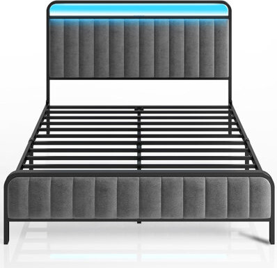 Blooming Upholstered Bed Frame With LED Lights, Charging Station, And Under-Bed Storage