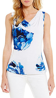 Calvin Klein Floral Print Matte Jersey Drape Neck Shell
