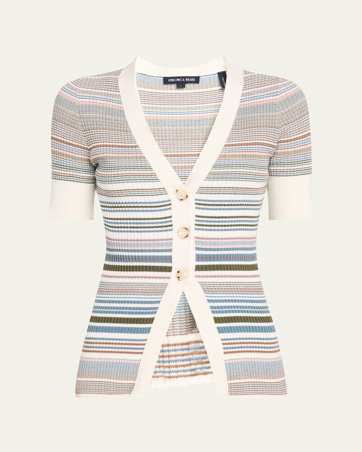 Veronica Beard Fawne Stripe Short-Sleeve Cardigan