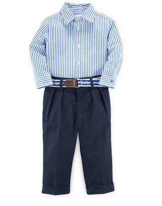 Ralph Lauren Striped Poplin Shirt w/ Pleated Pants, Blue, Size 9-24 Months