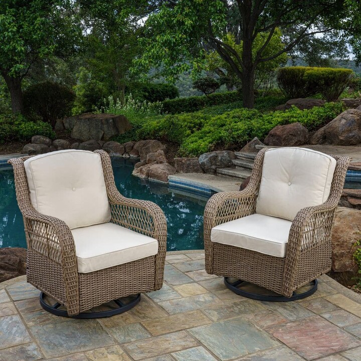 Tortuga Outdoor Rio Vista Wicker Swivel Glider Outdoor Chair Bundle with Plush Beige Cushions (2 Patio Furniture Chairs)