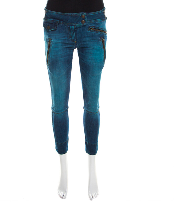 Just Cavalli Indigo Pigment Overdyed Denim Zipper Detail Tapered Jeans S