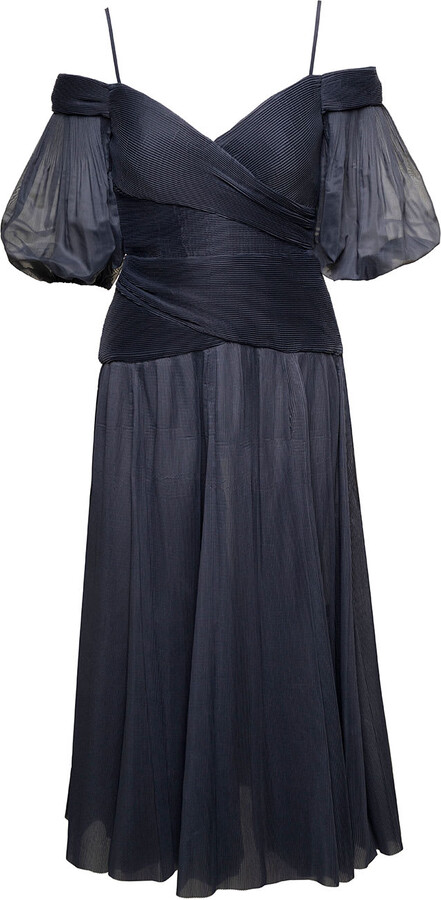 Zimmermann Black Off-shoulder Pleated Midi Dress In Black Chiffon Woman