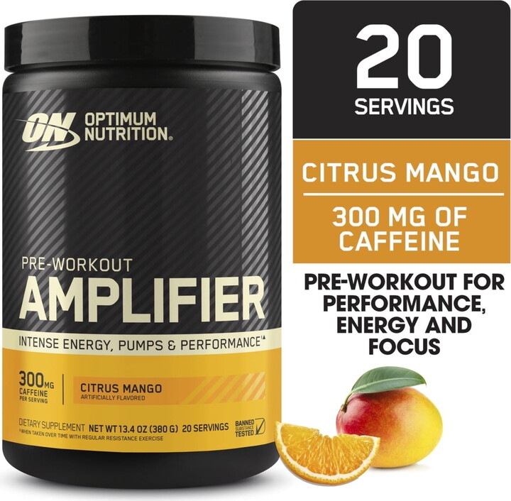 Optimum Nutrition, Pre-Workout Amplifier Powder, Citrus Mango, High Stim, Sugar-Free, Caffeine, 20 Servings