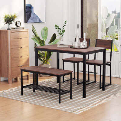 4 Piece Dining Room Table Set With Bench Wooden Kitchen Table And Chairs W/ Storage Rack