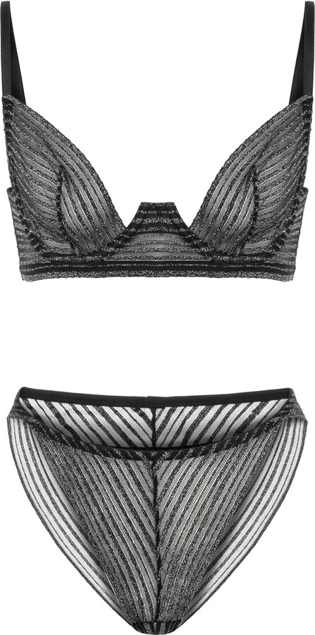 Mers Silk Silvery Set - Silver Black Lingerie Set