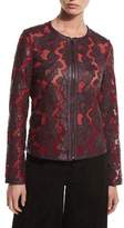 Thumbnail for your product : Neiman Marcus Floral Leather & Mesh Moto Jacket, Bordeaux/Red