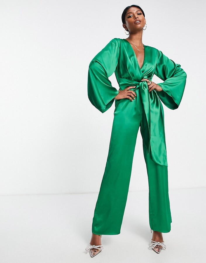 Pretty Lavish knot front jumpsuit in emerald green - ShopStyle