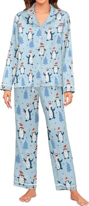 Oarencol Christmas Penguins Animals Xmas Trees Snowflake Blue Women Pajama  Set Silk Satin Classic Sleepwear Long Sleeve V Neck Top with Pants XXL -  ShopStyle Pyjamas
