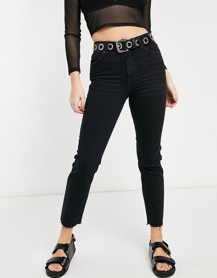 Bershka cotton straight jeans with raw hem in black - ShopStyle