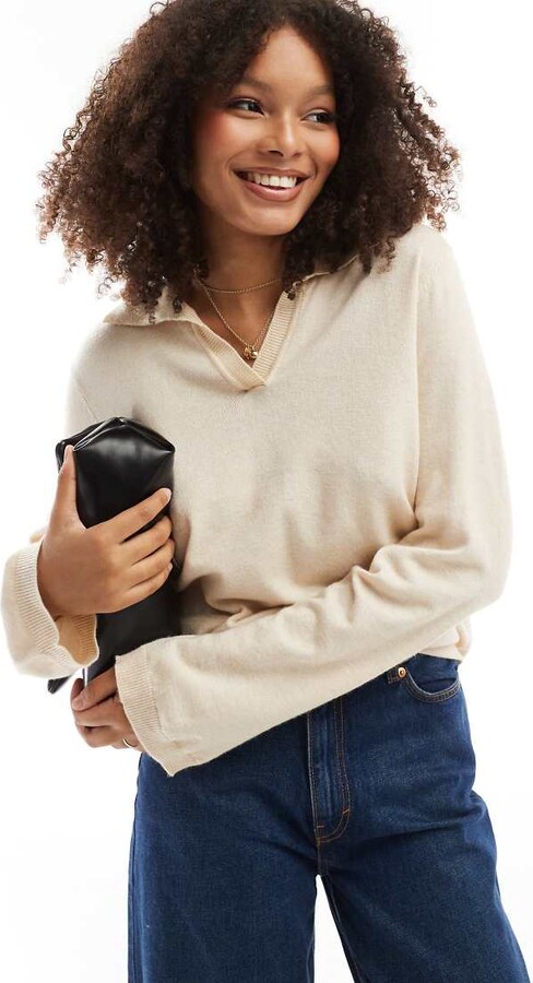 Object v neck knit polo sweater in cream melange