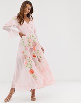 Thumbnail for your product : ASOS DESIGN embroidered wrap maxi dress with long sleeves