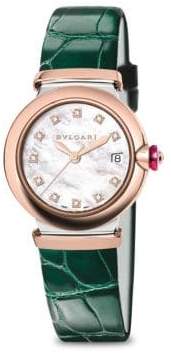 Bvlgari LVCEA Diamond, Mother-Of-Pearl & Green Alligator Strap Watch