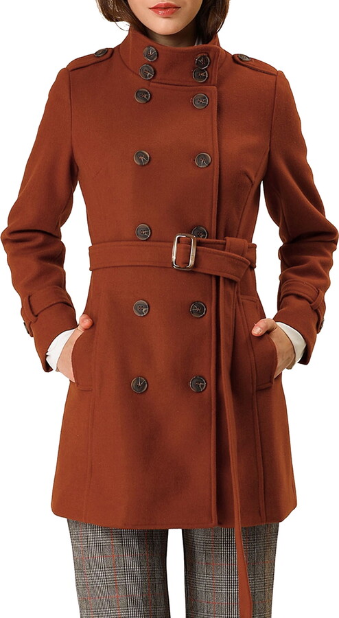 Unique Bargains Women’s Stand Collar Double Breasted Slant Pockets Outwear Coat