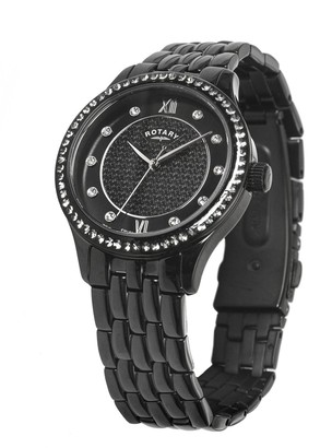 Rotary EXCLUSIVEBlack Textured Swarovski Set Dial Black IP Stainless Steel Bracelet Ladies Watch