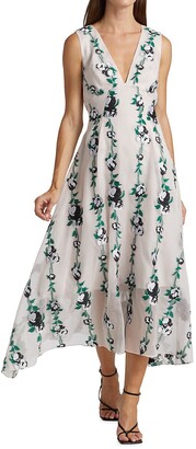 Lela Rose Linear Floral Midi-Dress