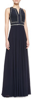 Thumbnail for your product : Rebecca Taylor Sleeveless Split-Neck Beaded-Bodice Gown, Navy