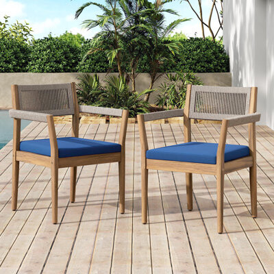 Latitude Run Outdoor Acacia Wood Dining Armchair Set with and Water-Resistant Cushions for Patio or Garden