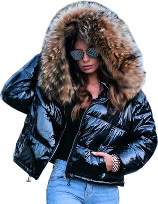 Roiii Women's Fashion Top Jacket Coat Parka Down High Waist Slim Faux Fur Hooded Coat 