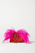 Thumbnail for your product : Dries Van Noten Envelope Small Feather And Crystal-embellished Jacquard Clutch - Red