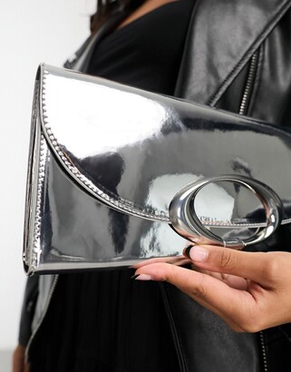 ASOS DESIGN metallic clutch bag with oval ring detail in silver