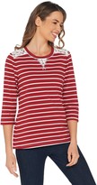Thumbnail for your product : Denim & Co. Perfect Jersey 3/4 Sleeve Striped Top w/ Lace Detail
