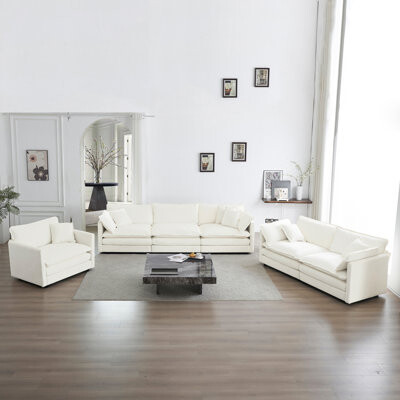 Hokku Designs Living Room Extra Deep Seat - 3 Piece Sectional In White Chenille Modern Home Concept, Chenille, Solid Wood Foundation, Padding, Relax Space