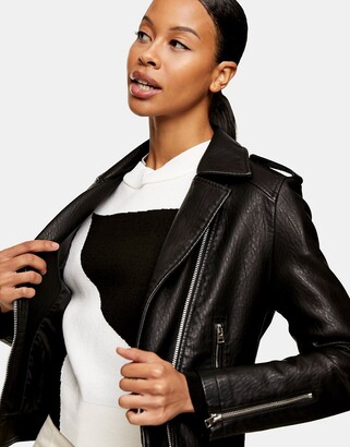 Topshop Petite Faux Leather Borg Lined Biker Jacket In Brown for Women
