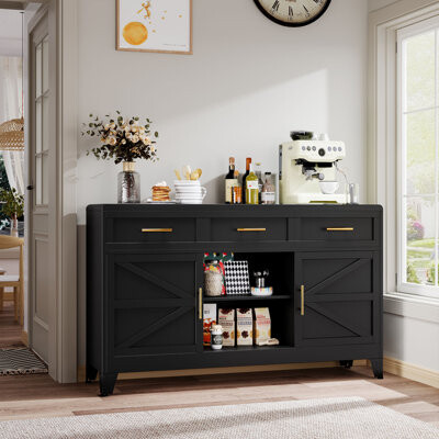 Gracie Oaks Modern Metal Sideboard and Buffets Cabinet Black and White with 2 Door s and 3 Drawers