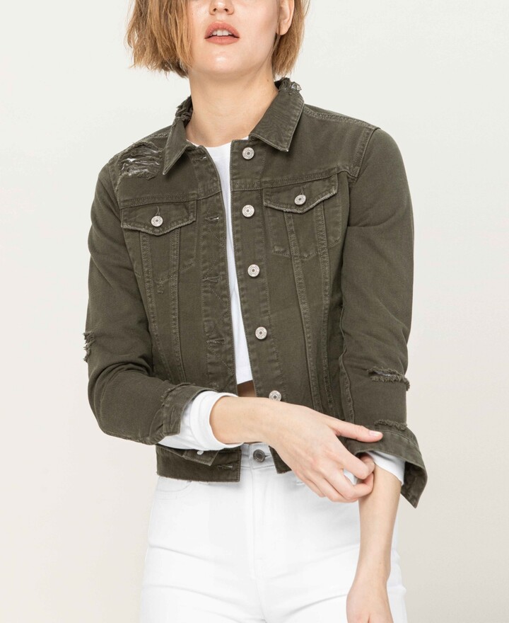 VERVET Women's Distressed Olive Classic Fit Denim Jacket ShopStyle