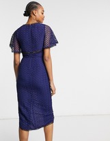 Thumbnail for your product : ASOS DESIGN lace midi dress with flutter sleeve and wrap waist with contrast trim