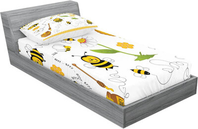 Textiles Hub Collage Fitted Sheet & Pillow Sham Set Flying Bees Daisy Honey Chamomile Flowers Pollen Springtime Animal Print Decorative Printed 2 Piece Bedding Dec