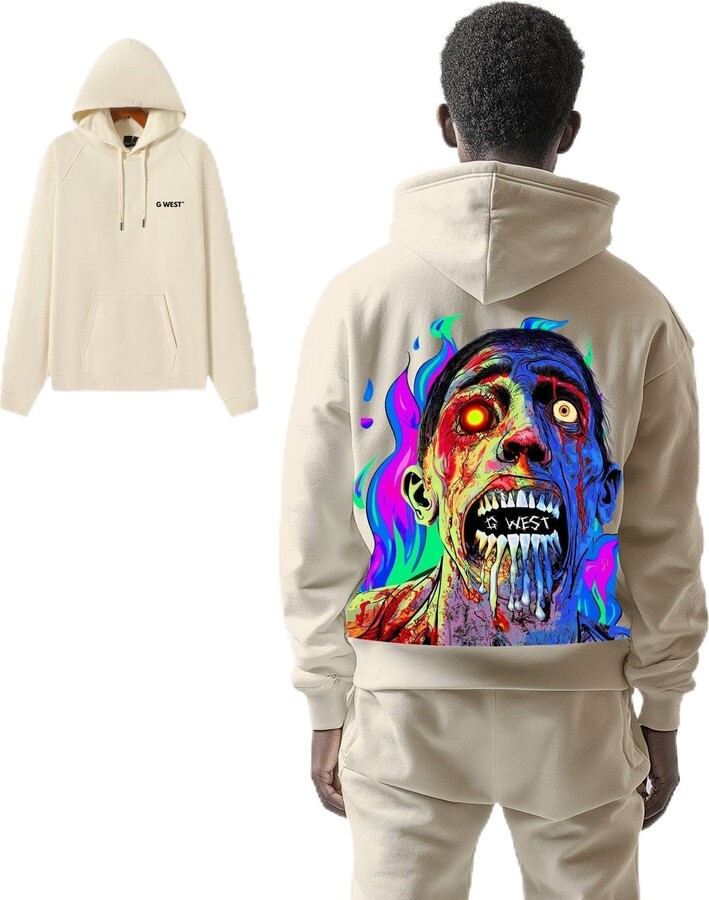 G West Mens Flaming Zombie Heavy Premium Hoodie Cream/S