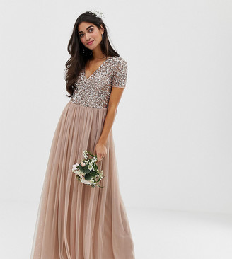 Maya Petite Bridesmaid v neck maxi tulle dress with tonal delicate sequins in taupe blush