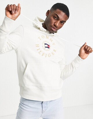 Tommy Hilfiger icon coin logo embroidery hoodie in ivory - ShopStyle