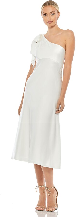 Leena for Mac Duggal Satin One Shoulder Midi Dress