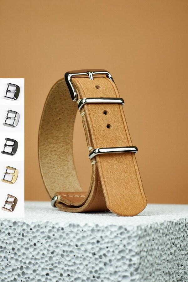 Horween Essex Nato Leather Strap in Natural Band/Chromexcel Brown One Piece Single Pass 16, 18, 20, 22mm Solid Brass, Bronze