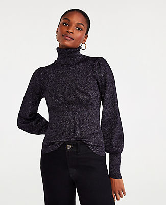 Ann Taylor Shimmer Puff Sleeve Turtleneck Sweater - ShopStyle