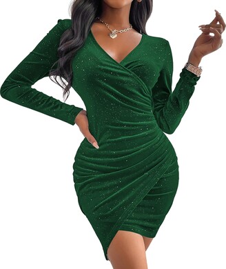 Sexyasasii Women's Mini Wrap Dress V Neck Long Sleeve Velvet Bodycon  Glitter Ruched Cocktail Party Dresses(Brown - ShopStyle