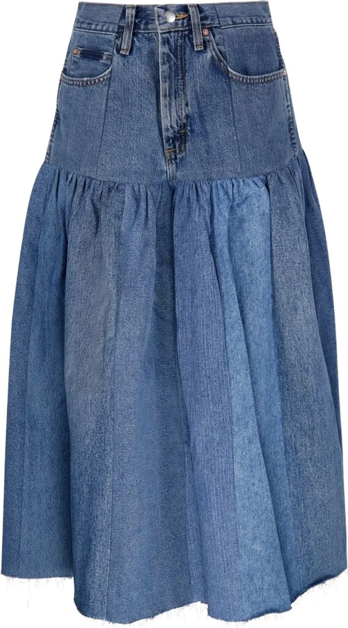 E.L.V. Denim Harvard ruffled midi denim skirt