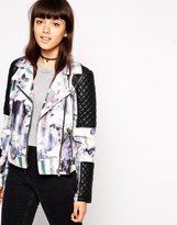 Thumbnail for your product : ASOS COLLECTION Leather Look Biker with Floral Print