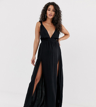ASOS DESIGN Maternity beach maxi dress with frill strap & plunge neck in black