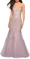 Thumbnail for your product : La Femme Sleeveless Golden Lace Applique Mermaid Gown with Strappy-Back