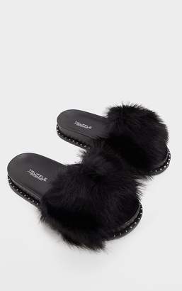 PrettyLittleThing Black Faux Fur Studded Slider